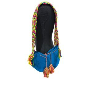 Artisan Hand Woven Wayuu Mochila Crossbody Bag Blue Neon Geometric Strap Tassels